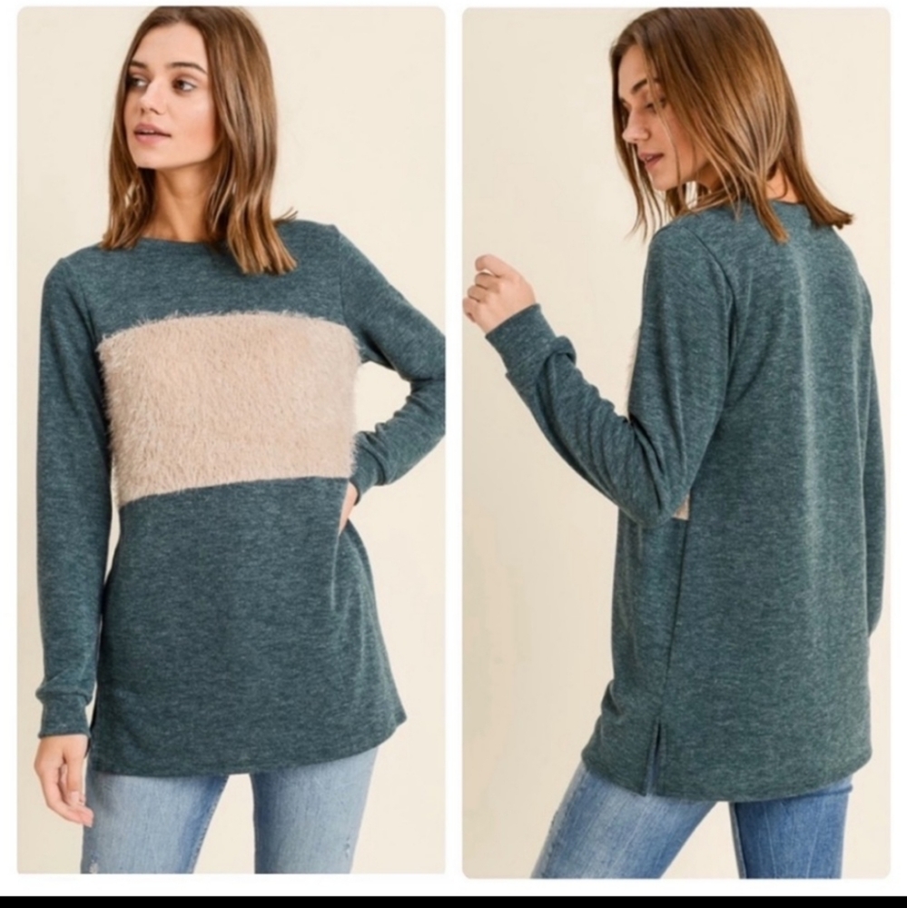 Teal Contrast faux fur top